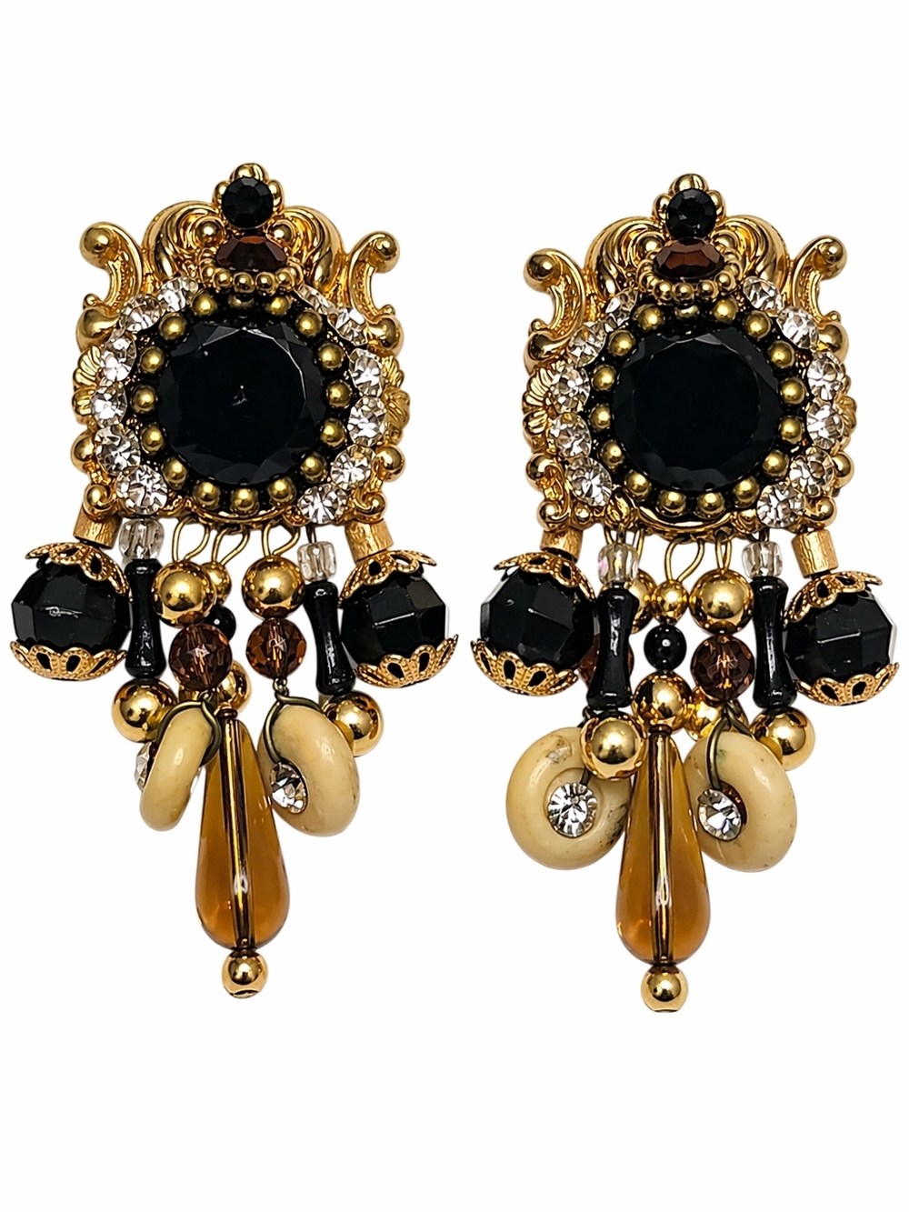 Gold-Tone Black & Amber Beaded Drop Earrings